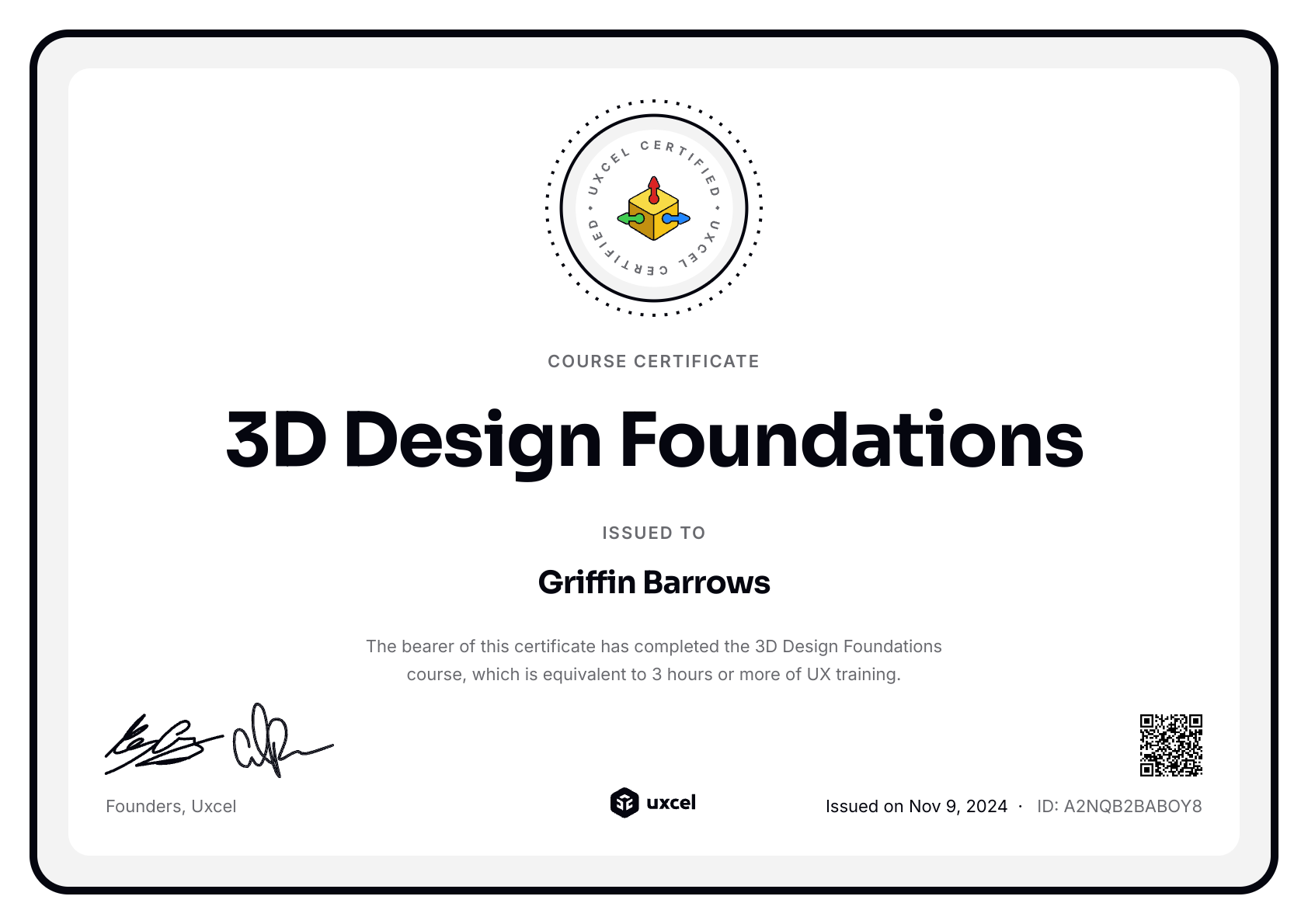 Griffin Barrows's certificate